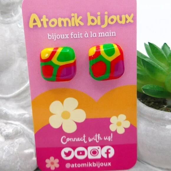 Handmade multi-color polymer clay earrings. Boucles d'oreilles fait à la main - Picture 1 of 7